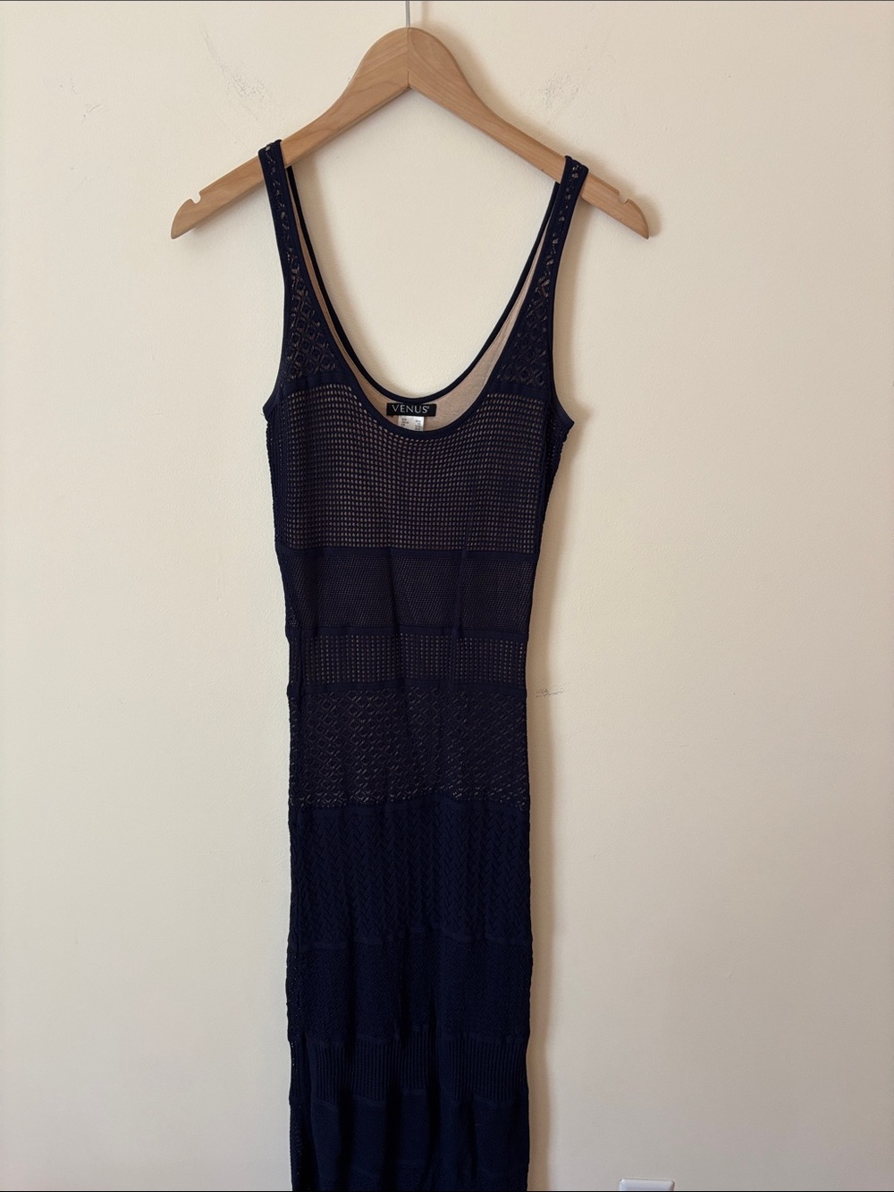 VENUS Navy Crochet Maxi Tank Dress - Sheer Knit Design
